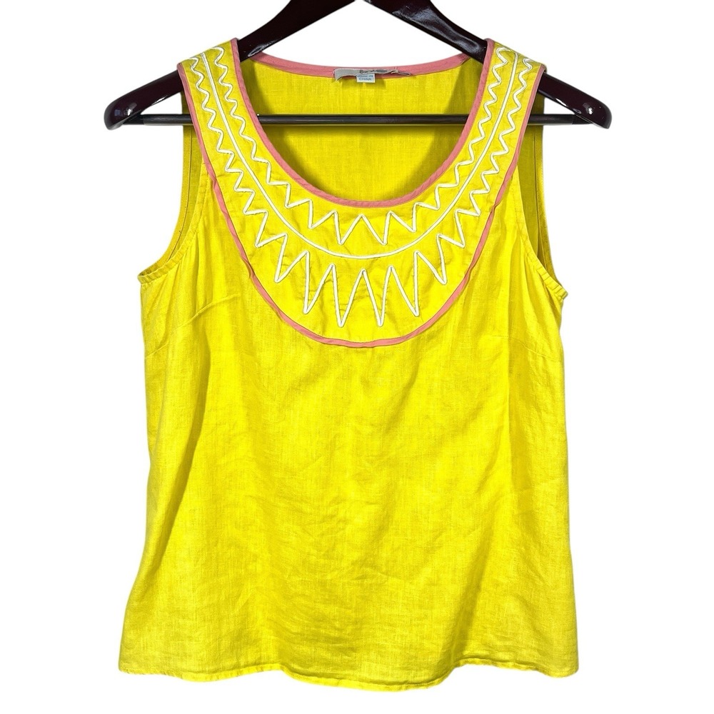 Boden 100% Linen Tank Womens US 6‎ Yellow White & Pink Ribbons Sunshine Preppy